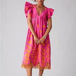Like New! Flutter-Sleeve Pink & Orange Floral Midi Dress